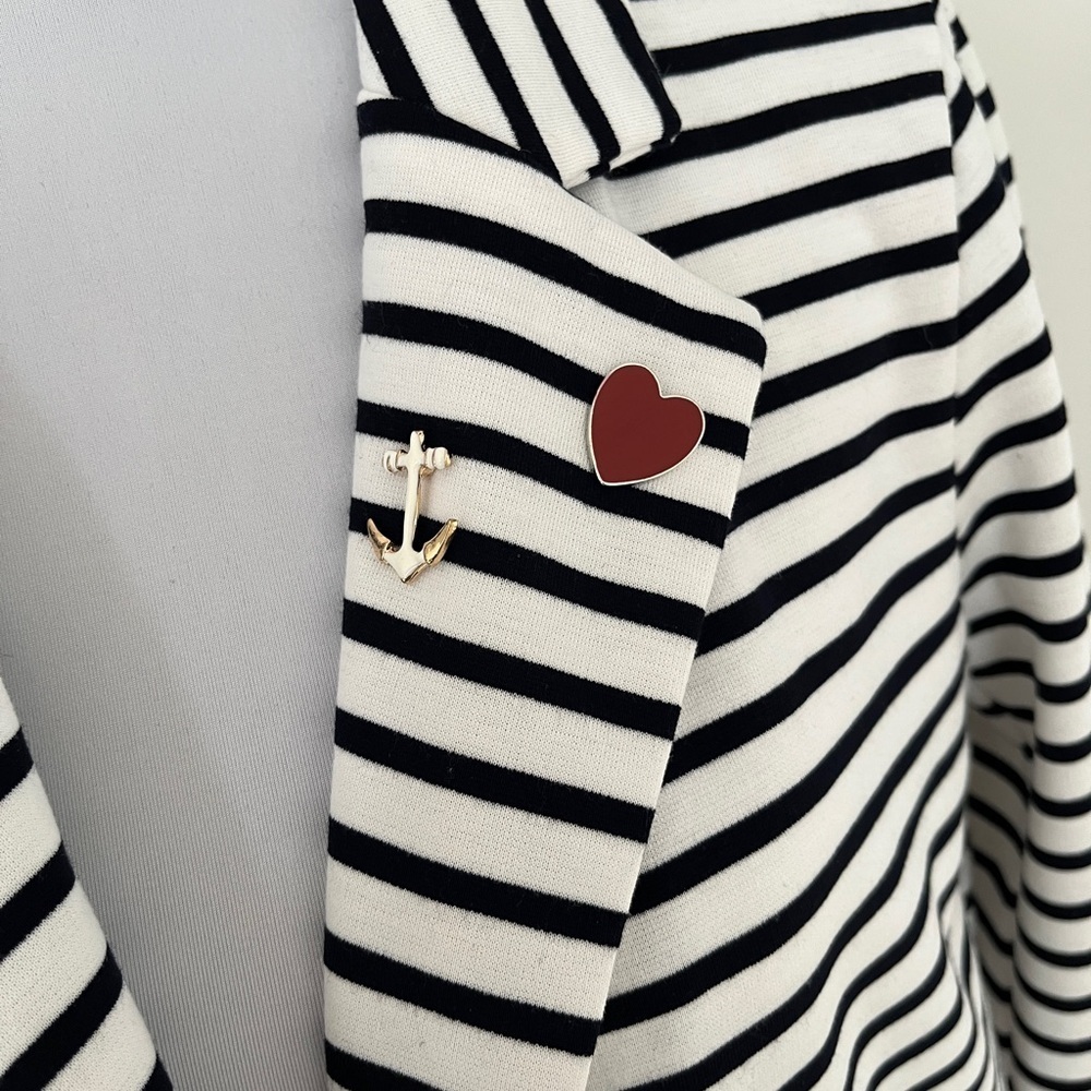FDJ Striped Unstructured Blazer Open Front Lapels Flap Pockets Nautical Career - Picture 8 of 17